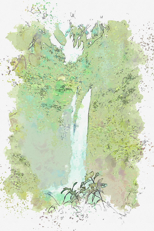 Waterfall in Sukasada, Indonesia, watercolor, ca 2020 by Ahmet Asar Digital Art by Celestial Images