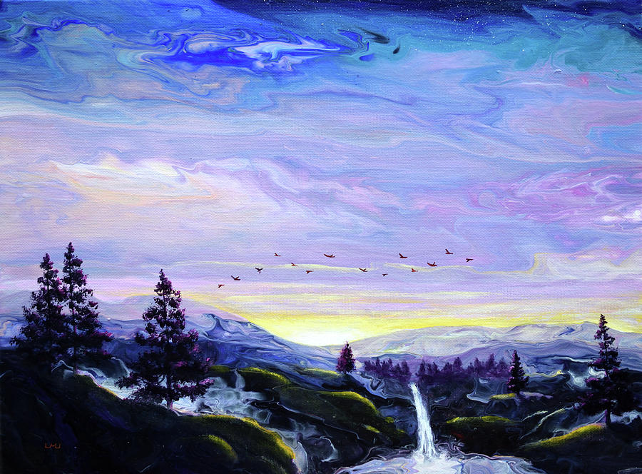 Waterfall in Sunset Glow Painting by Laura Iverson Waterfall in Sunset Glow Painting by Laura Iverson