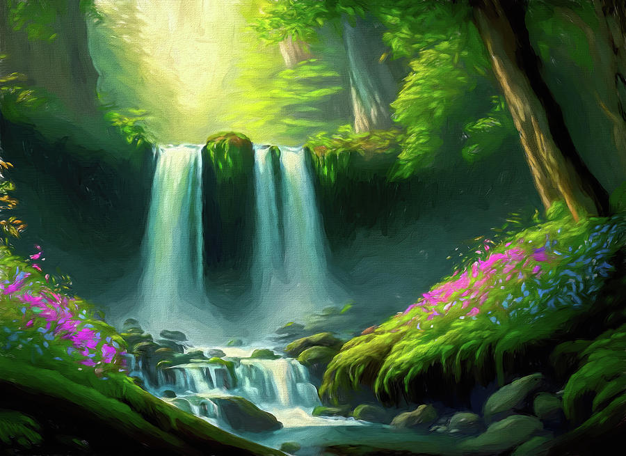 Waterfall in the forest with flowers - GIA-2310-1121-OIL Digital Art by Jordi Carrio Jamila