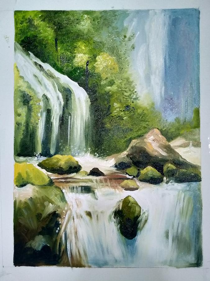 Waterfall Painting By Rajendra Lokhande - Fine Art America