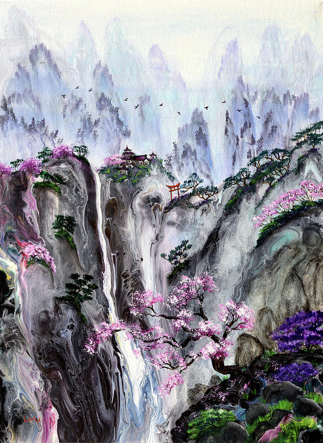 Waterfall Temple in Sakura Painting by Laura Iverson