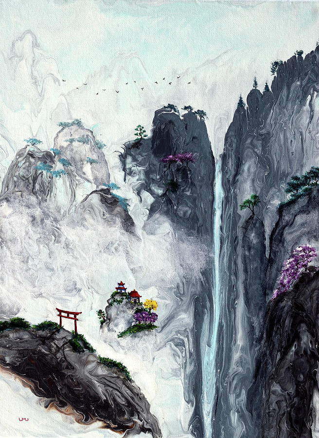Waterfall Temple in the Mist Painting by Laura Iverson