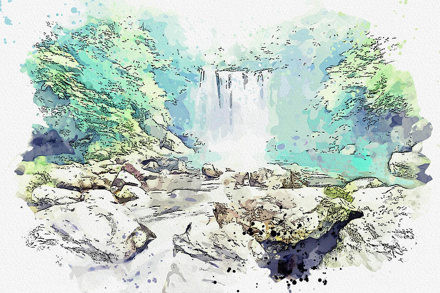 Waterfall, Turkey, watercolor, ca 2020 by Ahmet Asar Digital Art by Celestial Images