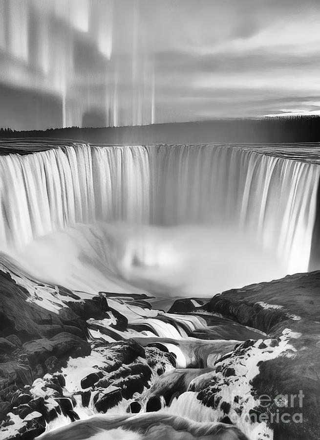 Waterfall With Aurora Mono Photograph by Charline Xia