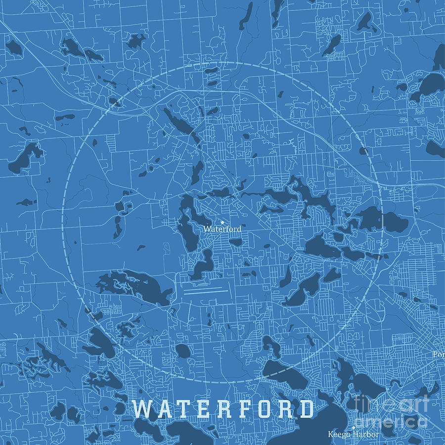 Map Digital Art - Waterford MI City Vector Road Map Blue Text by Frank Ramspott