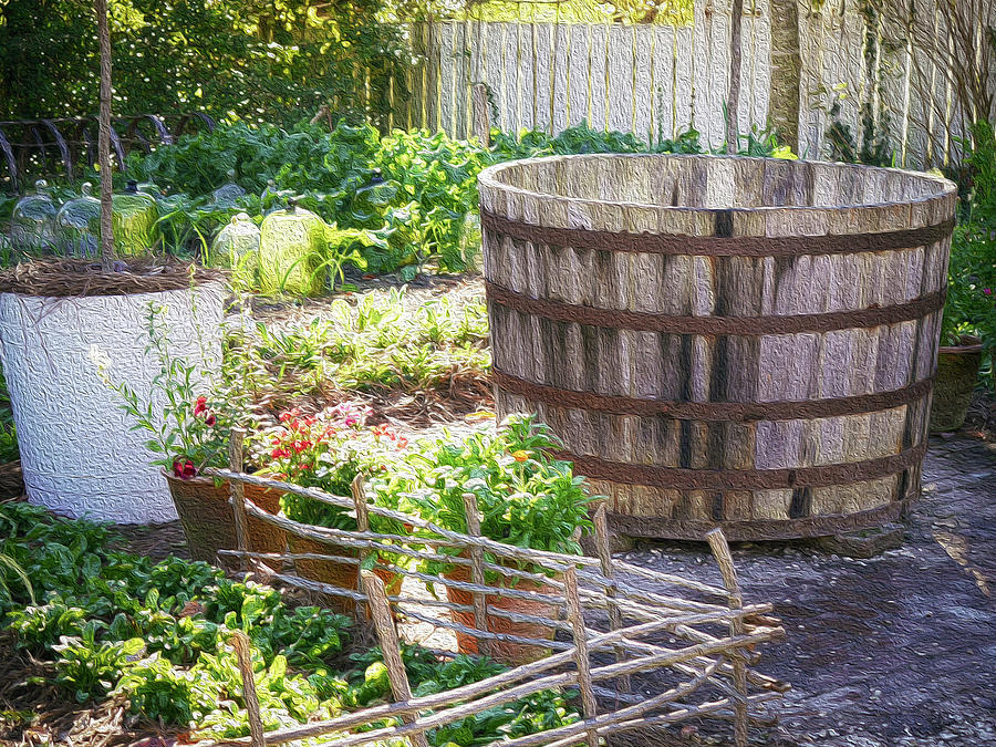 Watering Barrel in a November Garden - Oil Painting Style Photograph by Rachel Morrison