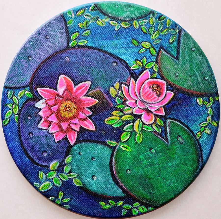 Waterlillies pond on round canvas Painting by Manjiri Kanvinde