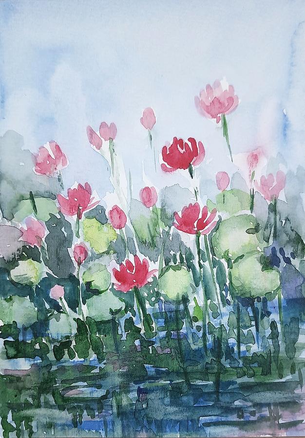 Waterlily Pond 1 Painting by Asha Sudhaker Shenoy