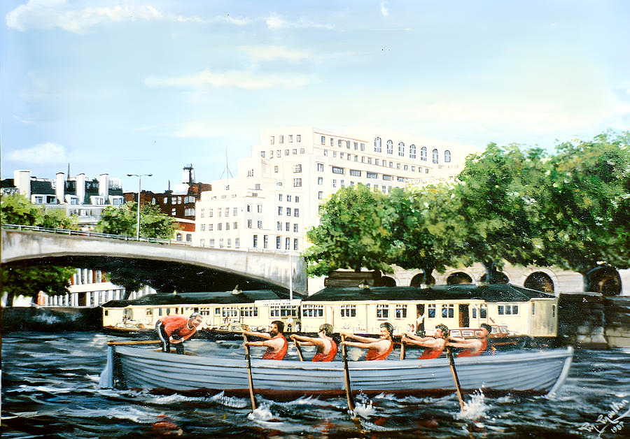 Waterloo Bridge and Waterloo floating Police Station London Painting by Mackenzie Moulton