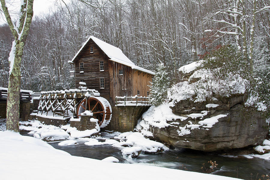 Watermill in a forest in winter, Glade Creek Grist Mill, Babcock State Park, Fayette County, West Vi Photograph by Panoramic Images