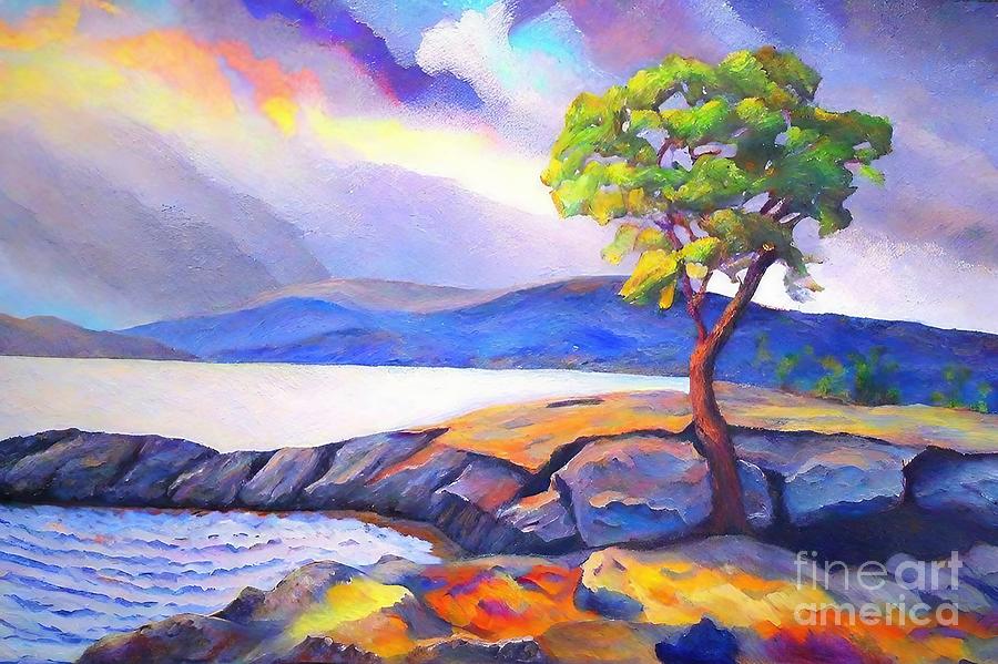 Tree Painting - Waters Edge Painting beach trees color west coast ocean art artwork background blue sky blue sky with clouds cloudscape countryside drawing environment evergreen forest fresh fresh air freshness by N Akkash