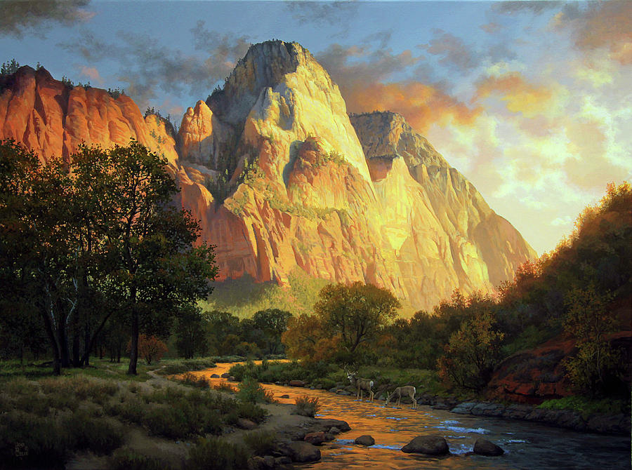Zion National Park Painting - Waters of Evening by John Cogan