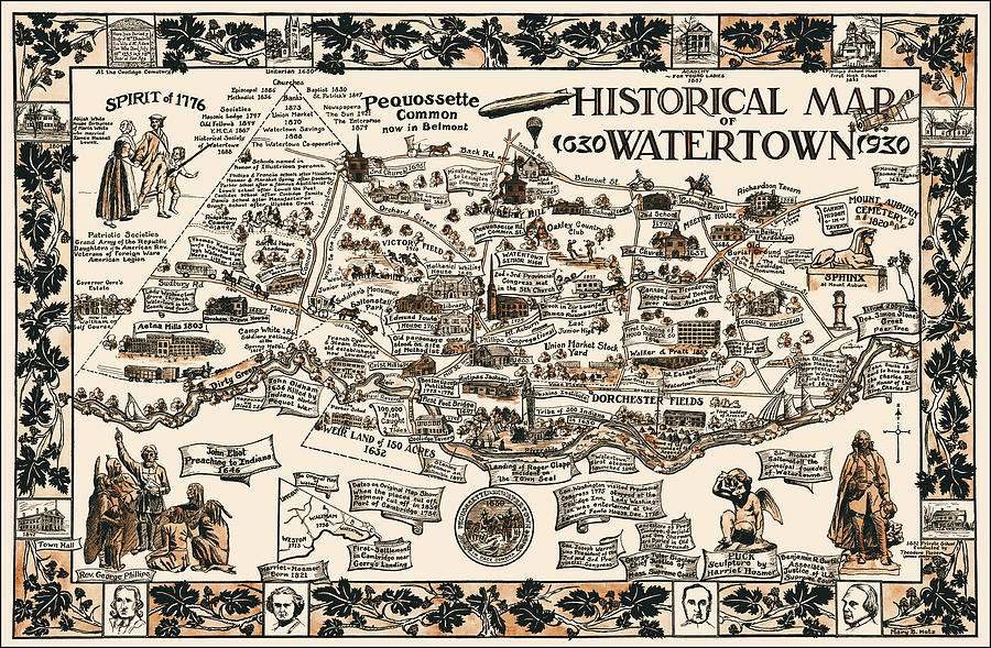 Boston Photograph - Watertown Massachusetts Historical Map 1930 Sepia  by Carol Japp