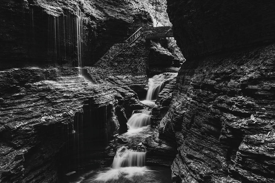 Watkins Glen State Park Rainbow Falls Black And White Photograph by Dan Sproul