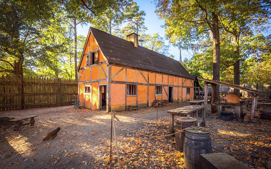 Wattle and Daub Building in Autumn at Jamestown Settlement - Oil Painting Style  Photograph by Rachel Morrison