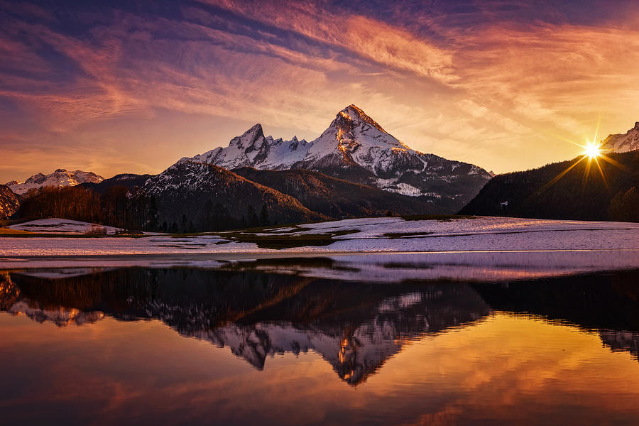 Watzmann in Alps, dramatic reflection at sunset - National Park Berchtesgaden Photograph by DieterMeyrl