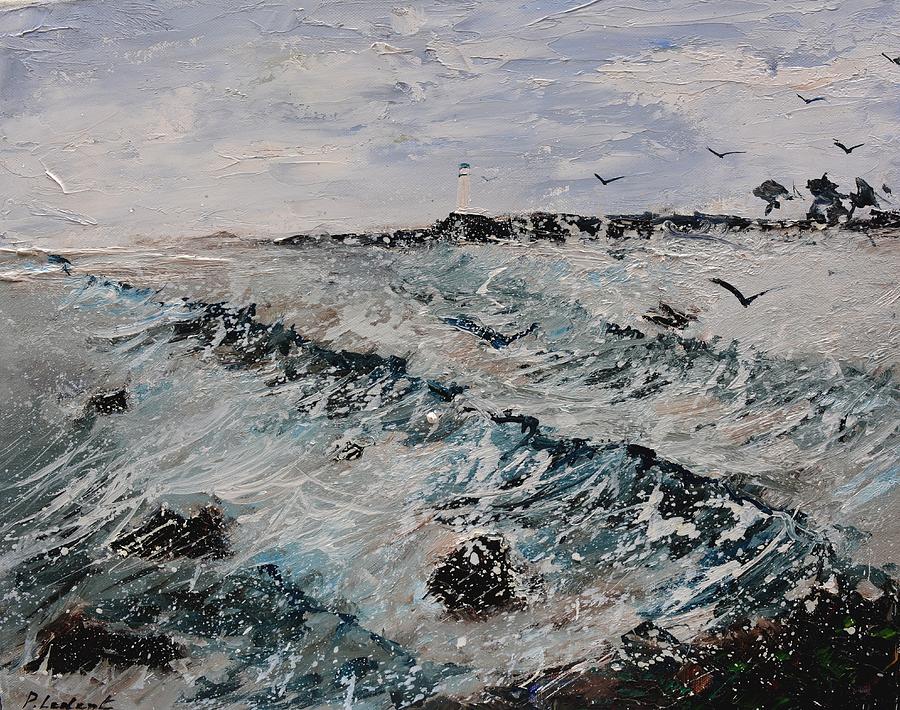Waves and lighthouse  Painting by Pol Ledent