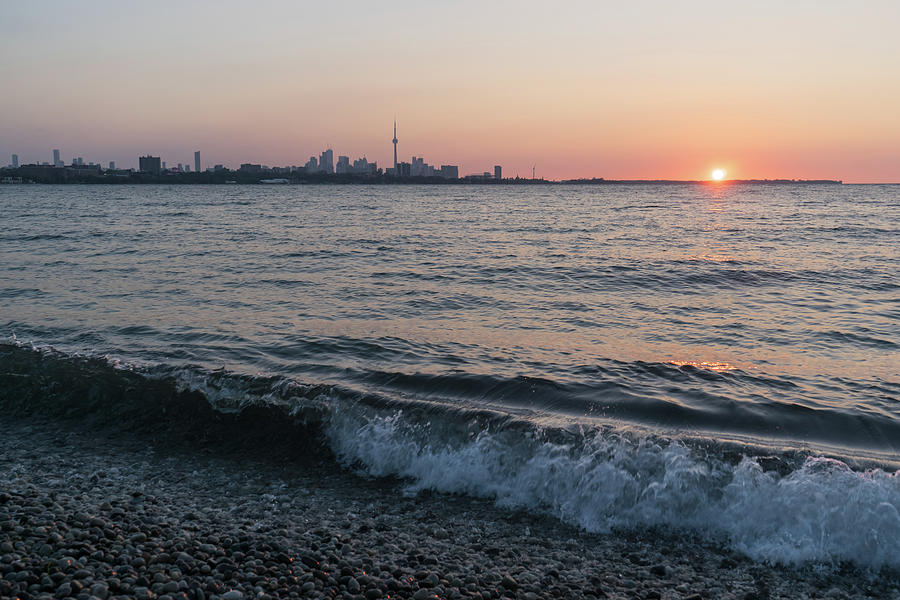 Waves and Pebbles - Splendid Toronto Skyline Sunrise from Humber Bay Shores Photograph by Georgia Mizuleva