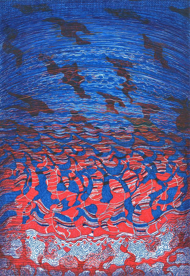 Blue And Red Drawing - Waves And Shadows by Nives Palmic