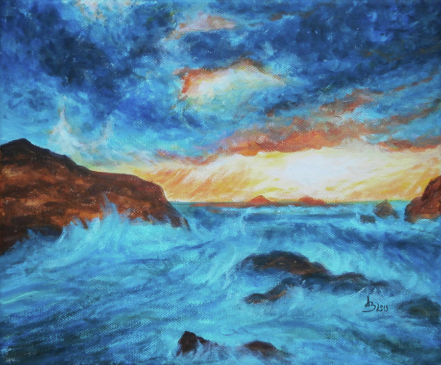 Stormy Waves on Blue Sea Painting with Beautiful Orange Sunset Painting by Aneta Soukalova