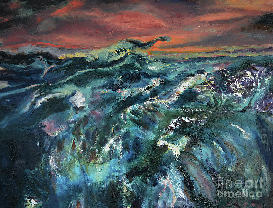 Waves at the Jetty with seabird Painting by Julianne Felton