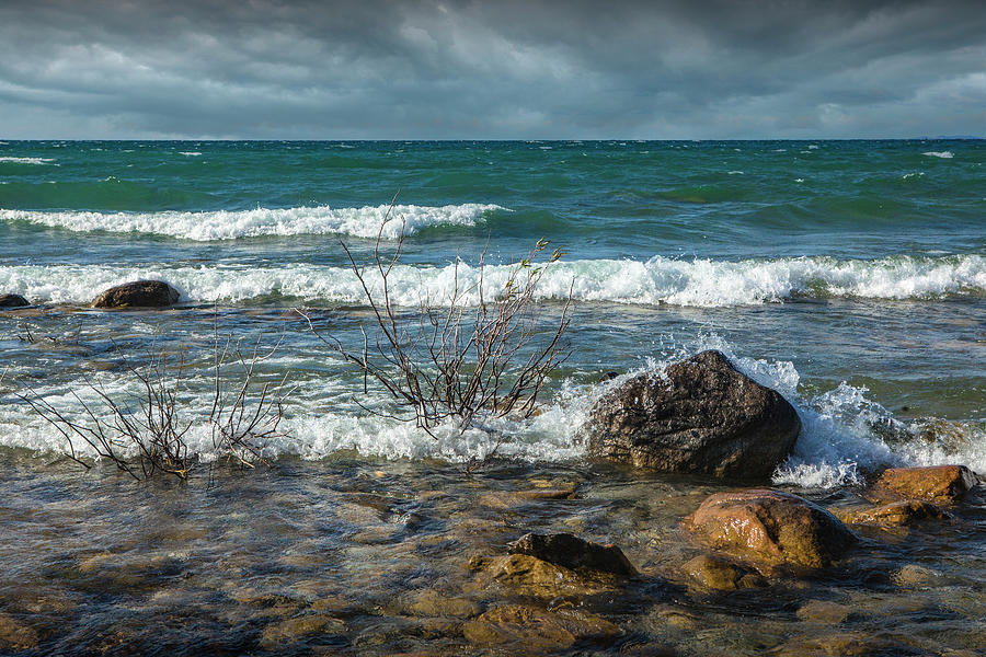 Waves coming ashore at Northport Point on Lake Michigan Photograph by Randall Nyhof