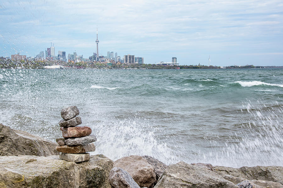 Waves Crash Into the Rocks, Toronto Skyline Photograph by John Twynam