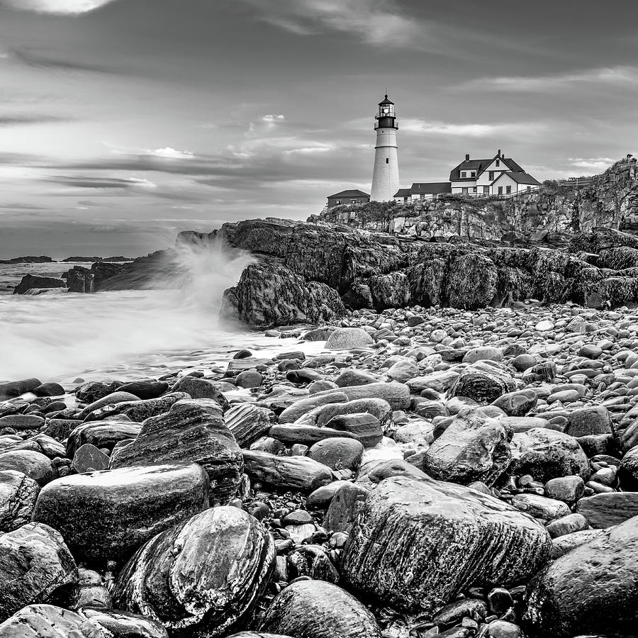 Black And White Photograph - Waves Crashing at Portland Head Light in Maine - Black and White by Gregory Ballos