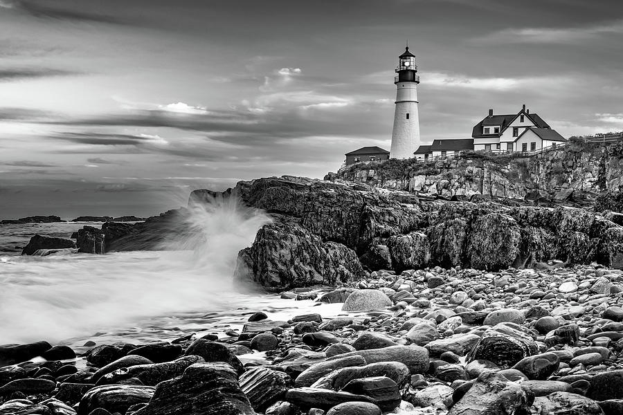 Black And White Photograph - Waves Crashing Near Portland Head Light Maine Monochrome by Gregory Ballos