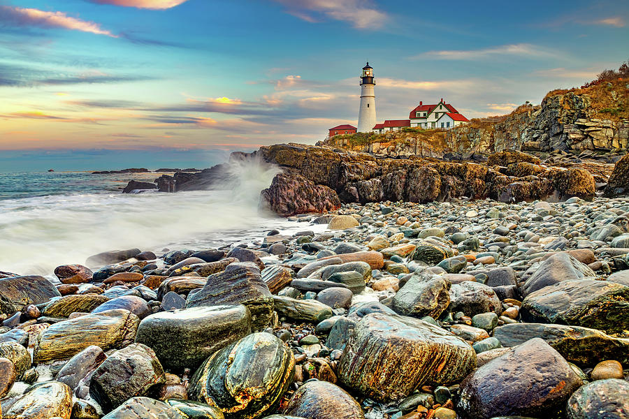 Waves Crashing on The Rocky Shores of Portland Head Light  Photograph by Gregory Ballos