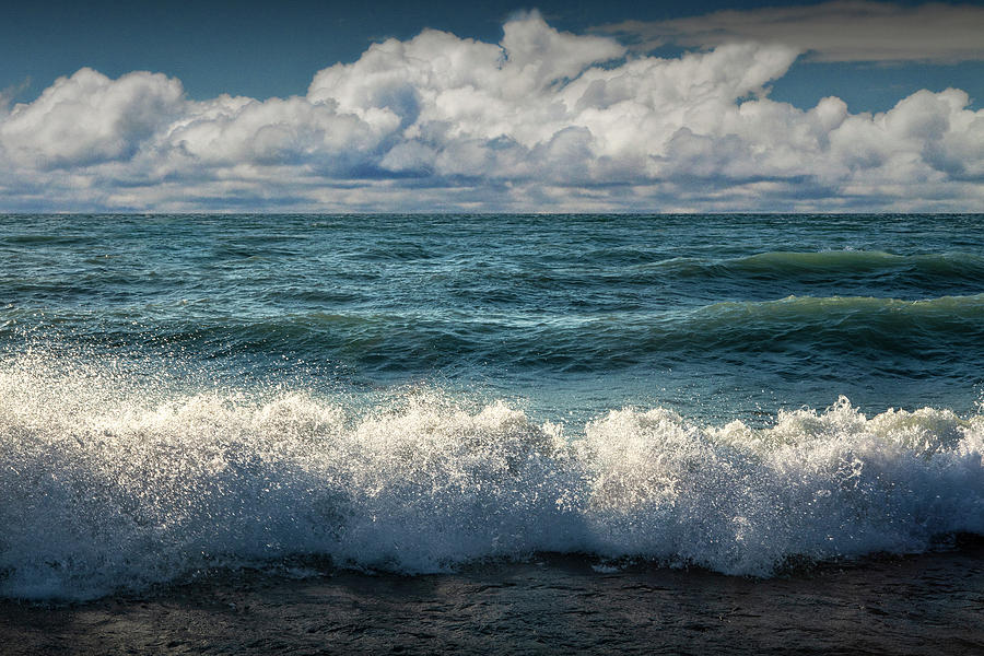 Waves on Lake Michigan crashing ashore by Point Betsie Photograph by Randall Nyhof
