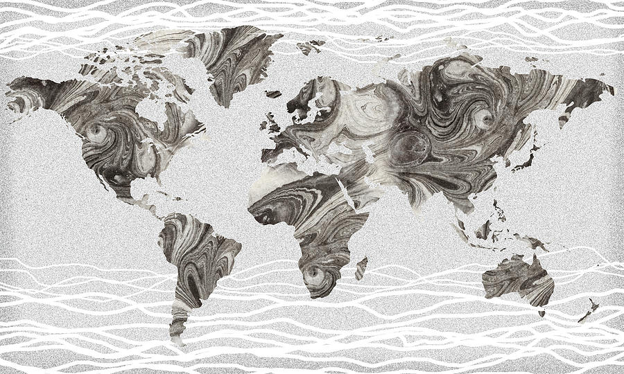 Waves On Marble Gray Watercolor World Map  Painting by Irina Sztukowski