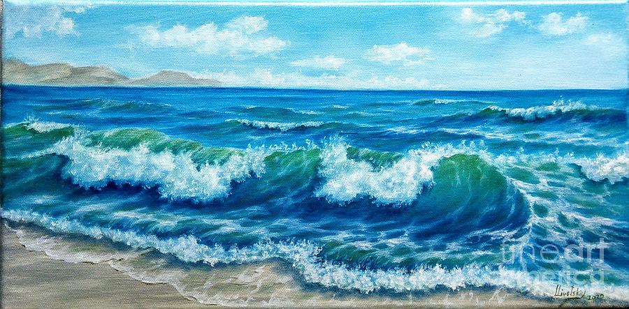 Waves,oil painting, Oceanside panoramic view Painting by Laura Livetskiy