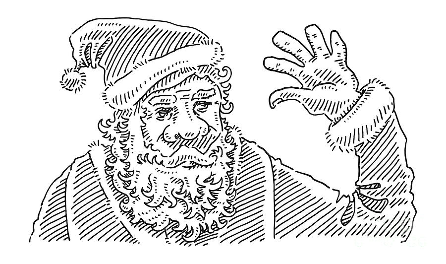 Black And White Drawing - Waving Hand Santa Claus Drawing by Frank Ramspott