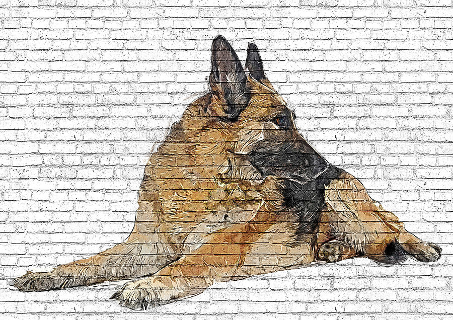 Way too cool, German Shepherd Dog - Brick Block Background Painting by Custom Pet Portrait Art Studio