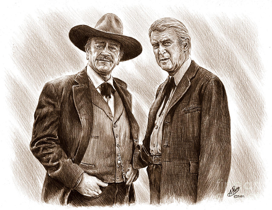 James Stewart Drawing - Wayne and Stewart sepia ver by Andrew Read