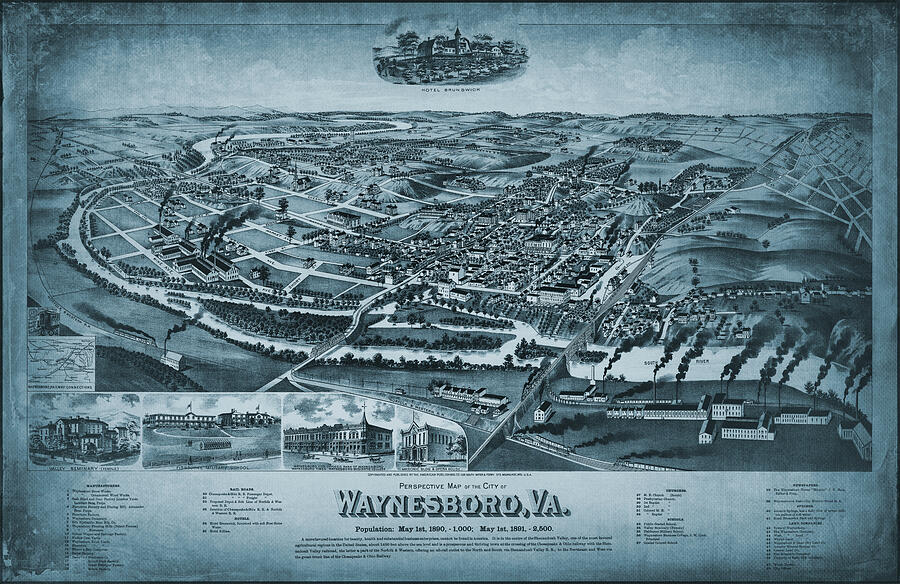 Waynesboro Virginia Vintage Map Birds Eye View 1891 Blue Drawing by Carol Japp Waynesboro Virginia Vintage Map Birds Eye View 1891 Blue Drawing by Carol Japp