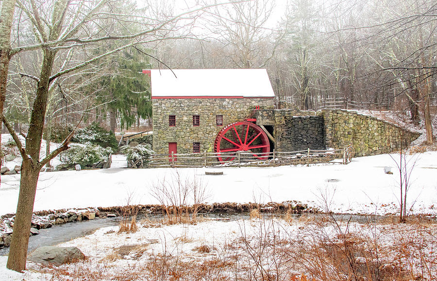 Wayside Inn Grist Mill Snow and Fog Photograph by Sally Cooper