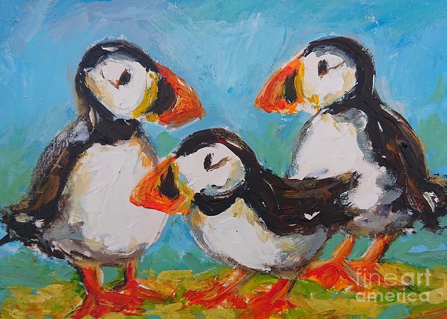We 3 puffins art Painting by Mary Cahalan Lee - aka PIXI