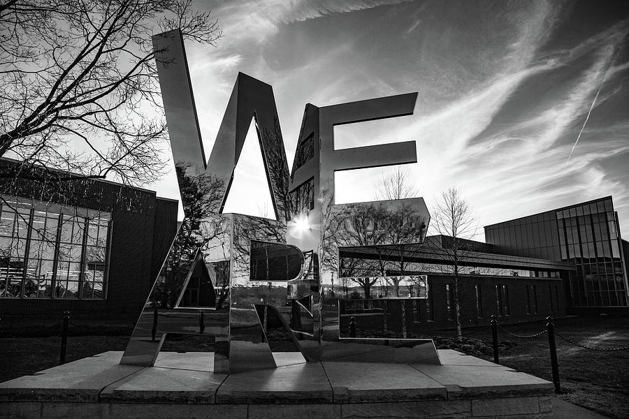 We Are sculpture at Penn State University in black and white Photograph by Eldon McGraw