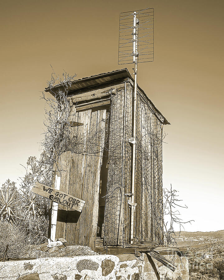 We Got Our Bailout Sepia, Outhouse, California Ghost Town Photograph by Don Schimmel