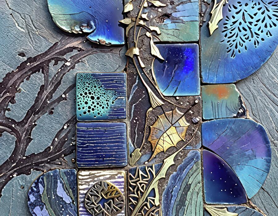 Intricate Blue and Gold Mosaic Digital Art - We Keep Uncovering Tiles That the Civilization of the Time Were Totally Incapable of Making by Eris And AI