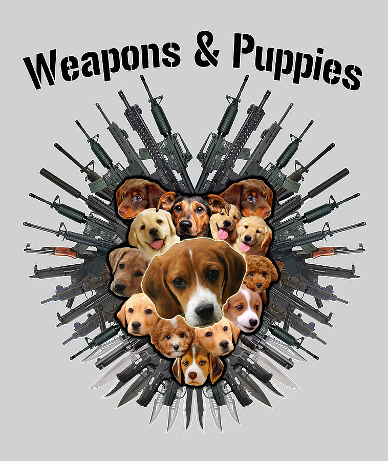 Weapons and Puppies Black Text Painting by Yom Tov Blumenthal
