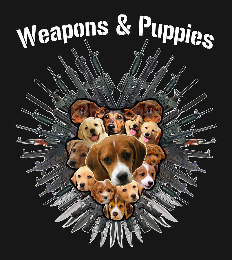 Weapons and Puppies White Text Painting by Yom Tov Blumenthal