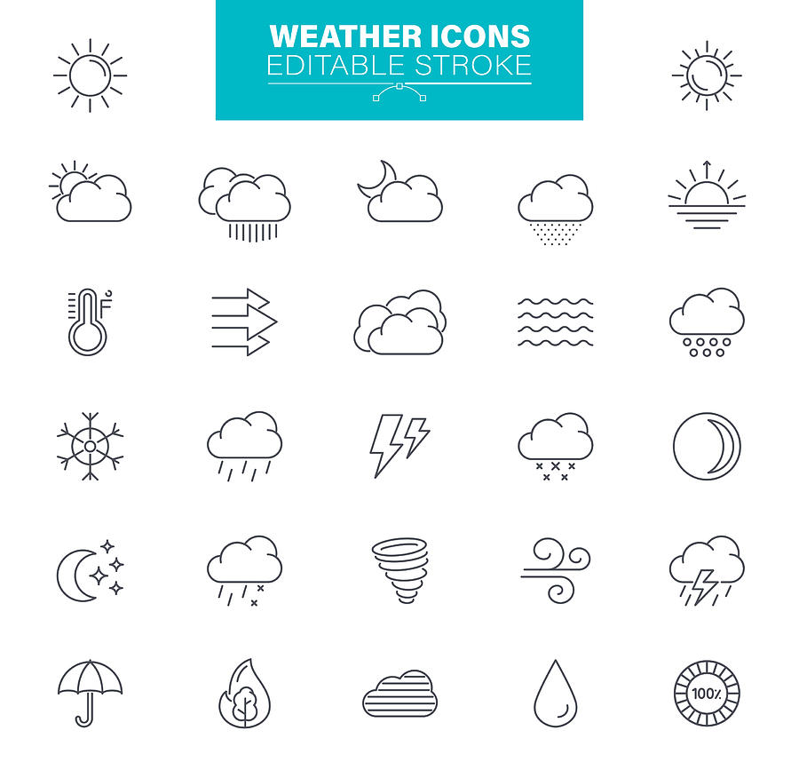 Weather Icons Editable Stroke. Sun, rain, thunder storm, wind, snow cloud, illustrations Drawing by Forest_strider