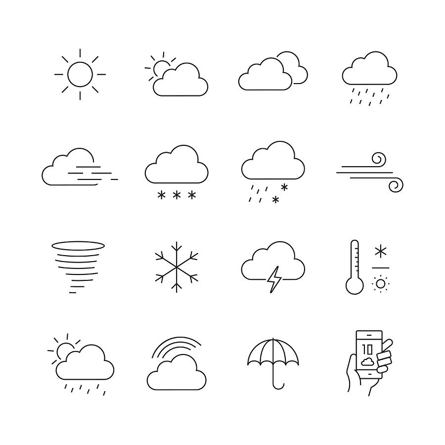 Weather Related - Set of Thin Line Vector Icons Drawing by Cnythzl