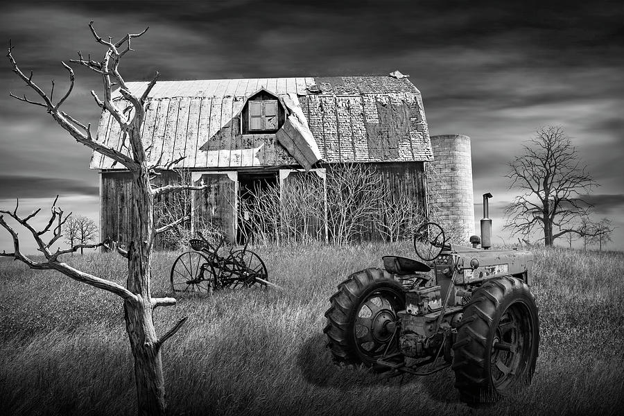 Weathered Barn And Old Farmall Tractor In Black And White Photograph