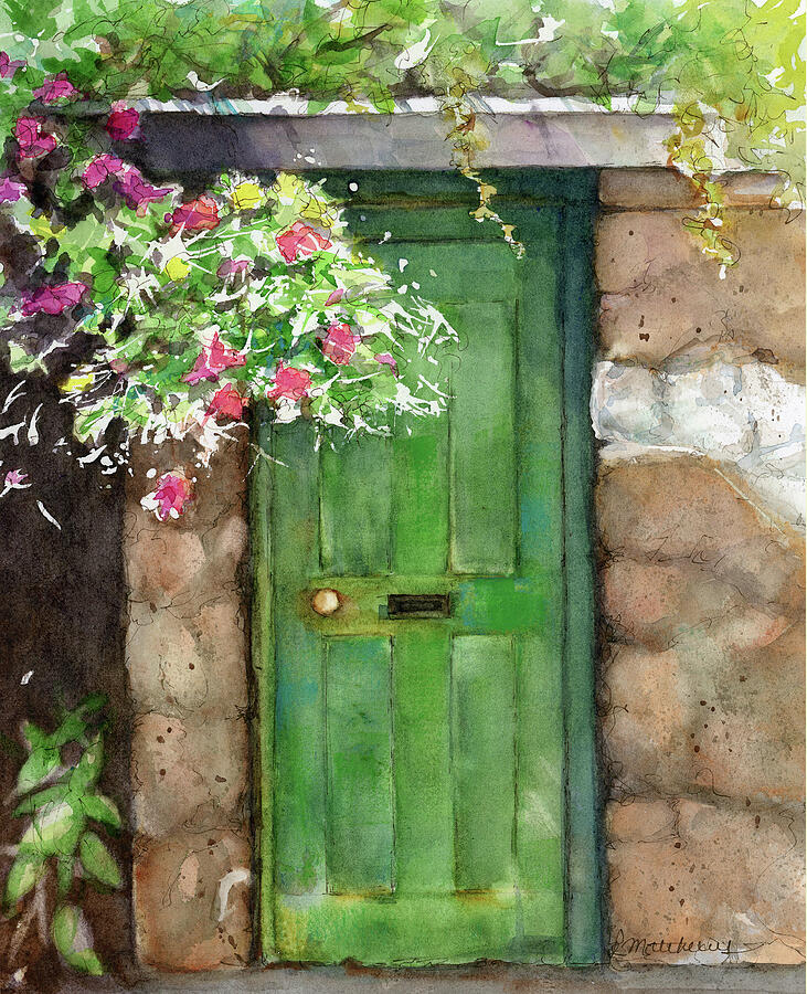 Weathered door and flowers Painting by Rebecca Matthews