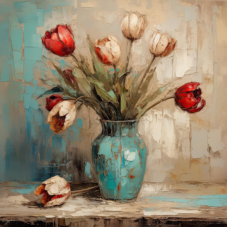 Distressed Painting - Weathered Reminiscense - Red and White Tulips Art by Lourry Legarde
