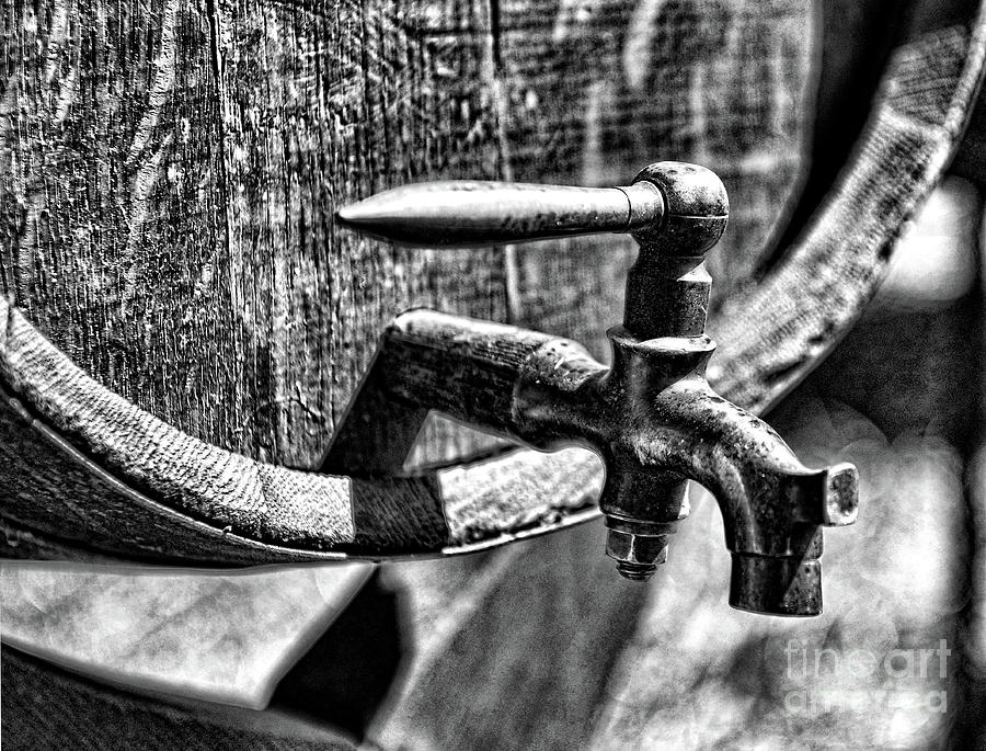 Weathered tap and barrel black and white Photograph by Paul Ward